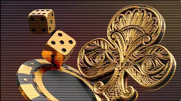 Премиальный пакет с изображением игральной фишки, кубиков и символа трефы в золотом стиле на темном фоне, олицетворяющий эксклюзивные привилегии в Феникс.